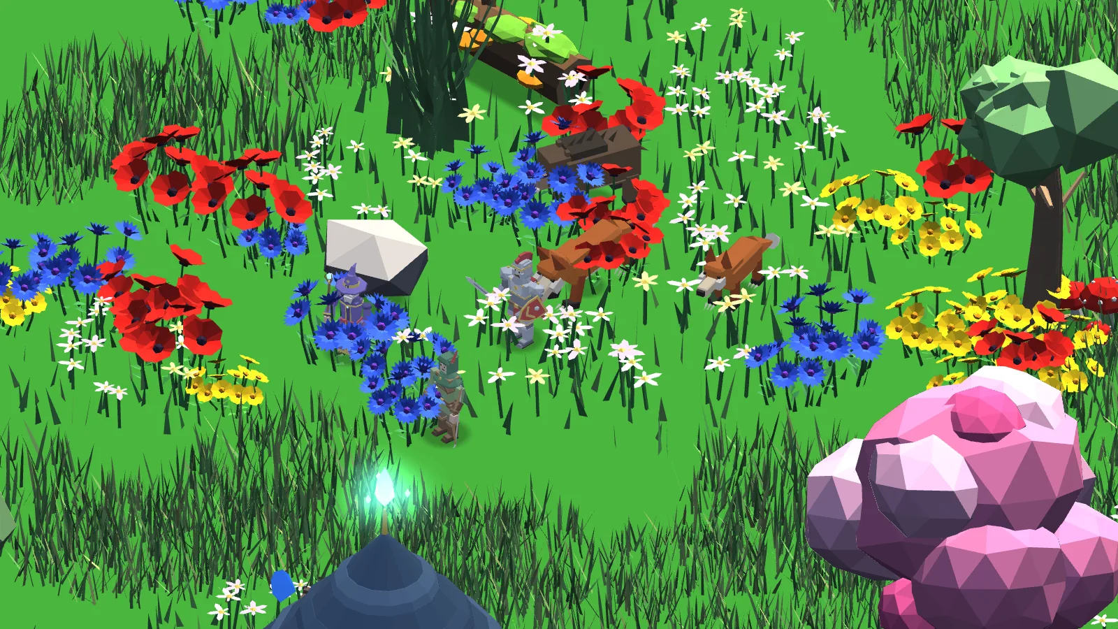 ENVARA screenshot: a Guardian, a Ranger and a Mage fighting foxes and a boar in a flower meadow