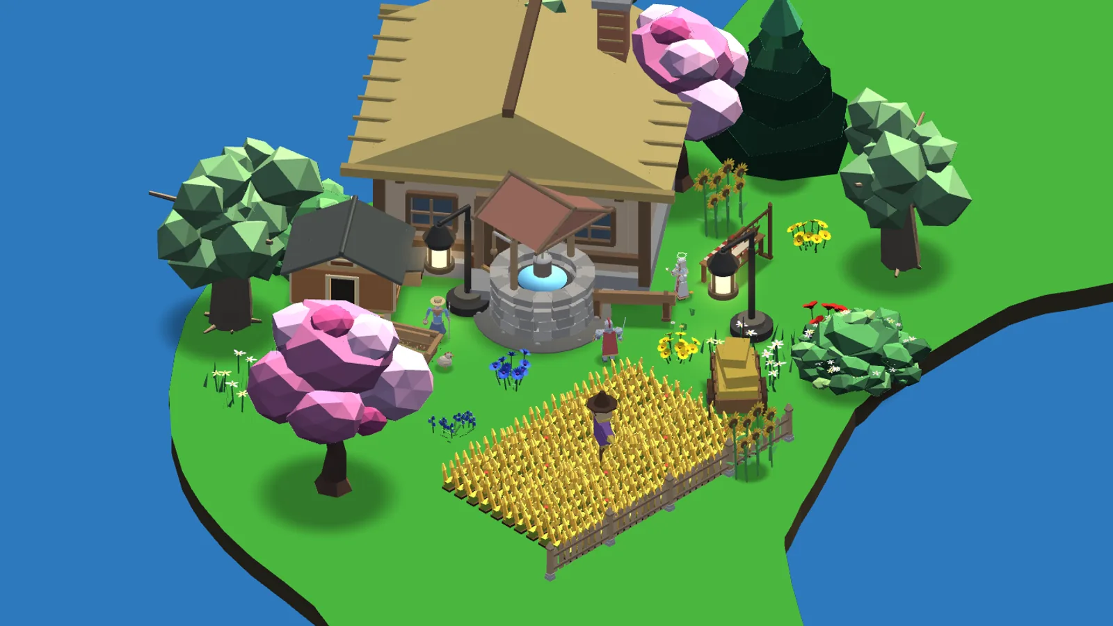 ENVARA screenshot: a private island with a farmhouse, chicken coop, well and a wheat field