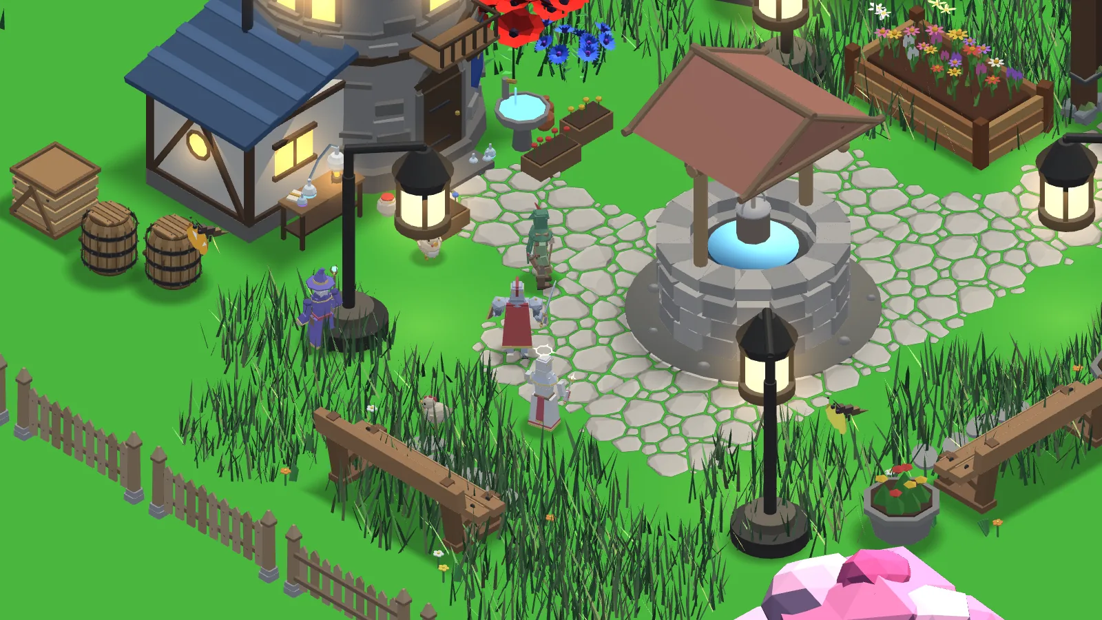 ENVARA screenshot: four heroes at the well in the Start Valley village, a free browser MMORPG